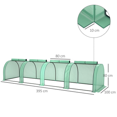 Outsunny PE Tunnel Greenhouse Green Grow House Steel Frame for Garden Backyard with Zipper Doors 395 x 100 x 80cm, Green 
