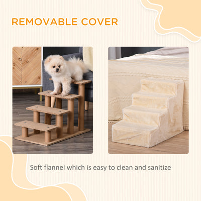 PawHut Four-Step Dog Stairs, with Washable Plush Cover, for High Bed Sofa, Dog Stairs for Small Dog and Cat - Beige 