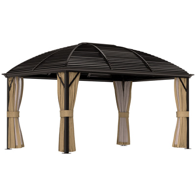 Outsunny 3 x 4m Hardtop Gazebo Canopy with Metal Roof, Aluminium Gazebo Permanent Pavilion with Netting and Curtains, Brown 