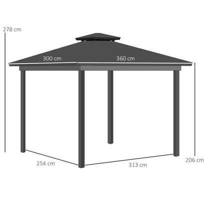 Outsunny 3.6 x 3 (m) Outdoor Polycarbonate Gazebo, Double\'c2\'a0Roof Hard Top Gazebo with Nettings\'c2\'a0&\'c2\'a0Curtains for Garden, Lawn, Patio
