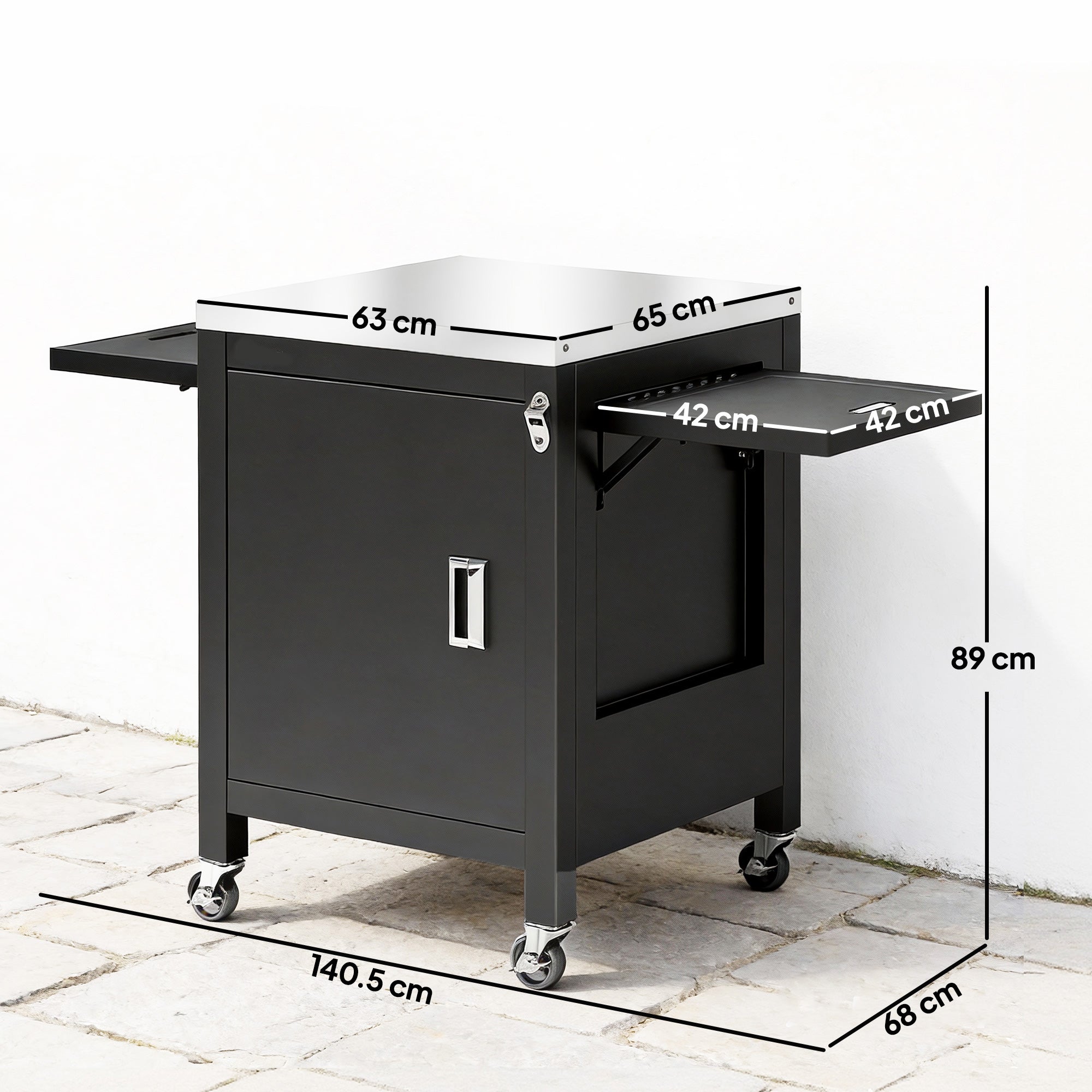 Outsunny Outdoor Grill Cart with Stainless Steel Tabletop, BBQ Table with a Cabinet, Towel Holder, Bottle Opener, Black 