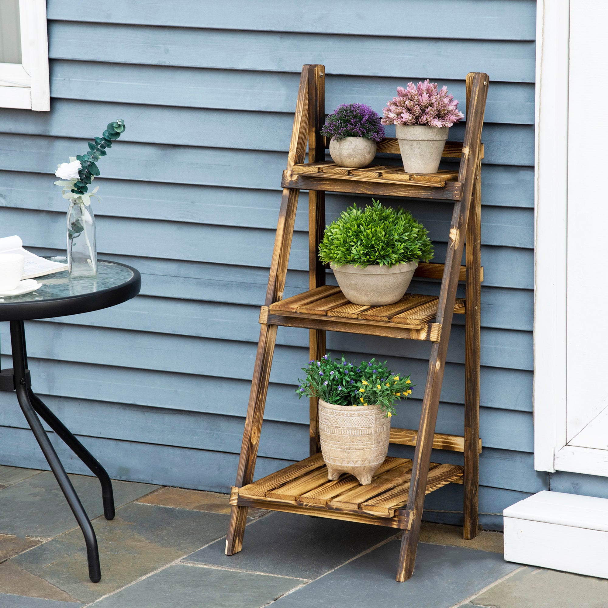 Outsunny Wooden Folding Flower Pot Stand 3 Tier Garden Planter Display Ladder Gardener Storage Shelves Rack Herb Holder (40L x 37W x 93H cm) 