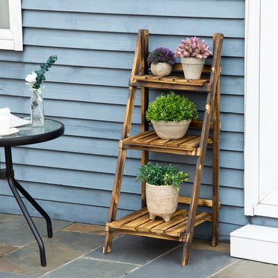 Outsunny Wooden Folding Flower Pot Stand 3 Tier Garden Planter Display Ladder Gardener Storage Shelves Rack Herb Holder (40L x 37W x 93H cm) 