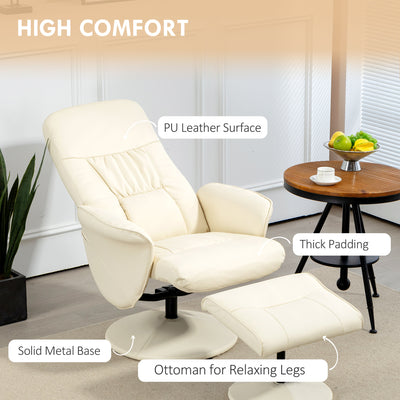 HOMCOM Swivel Recliner Chair with Footstool, PU Leather Armchair and Ottoman with High Back and Round Base for Living Room, Cream White 