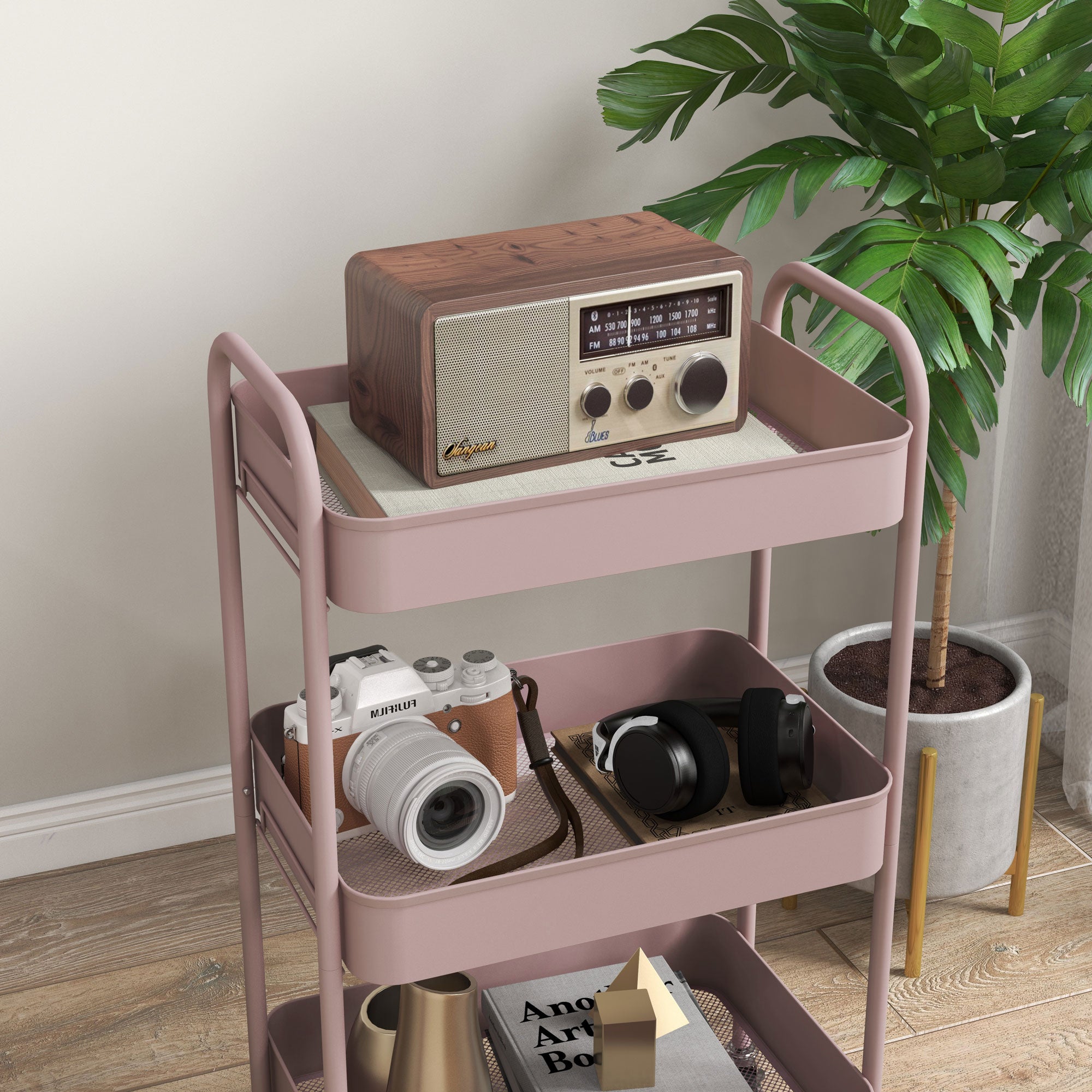 HOMCOM Three-Tier Steel Storage Trolley - Pink 