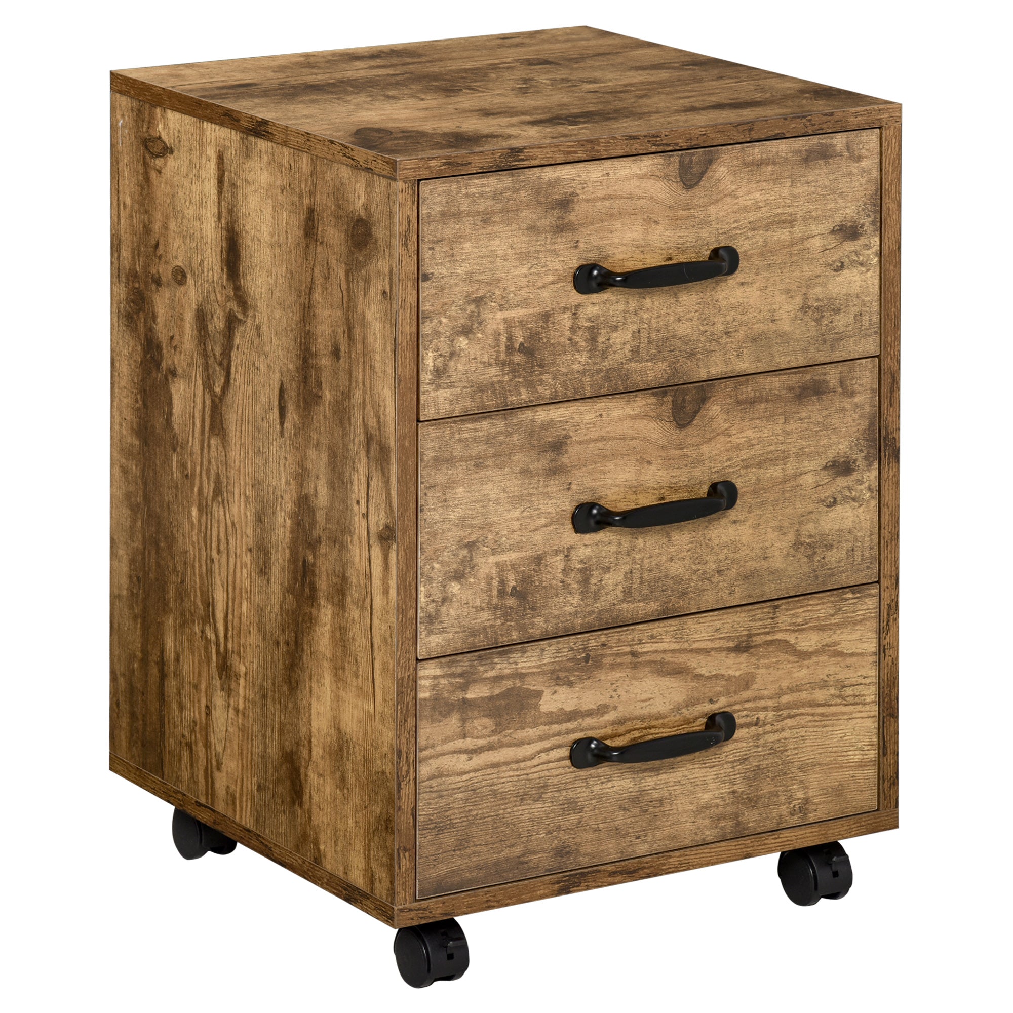 HOMCOM 3 Drawer File Cabinet, Mobile Filing Cabinet on Wheels for Home Office, Study, Rustic Brown 