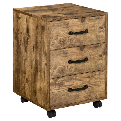 HOMCOM 3 Drawer File Cabinet, Mobile Filing Cabinet on Wheels for Home Office, Study, Rustic Brown 