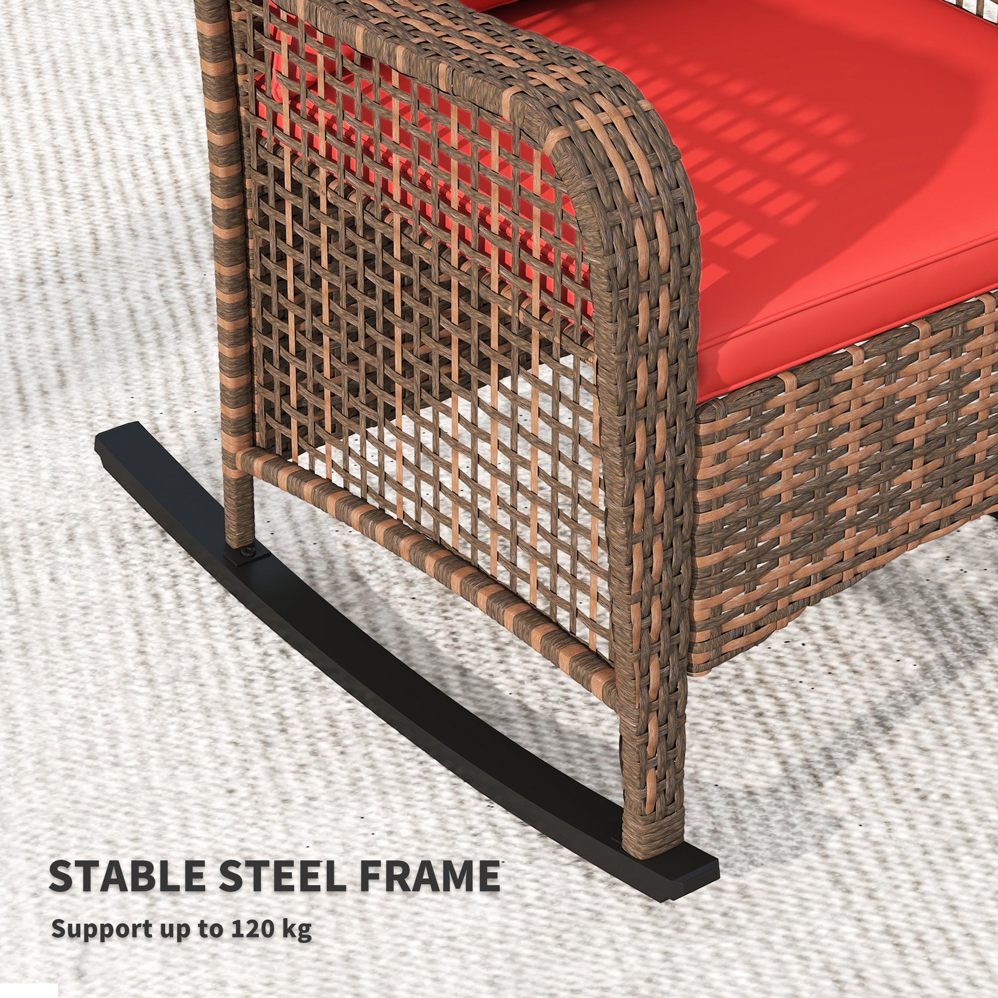 Outsunny Garden Rocking Chair, Outdoor Rattan Rocker Lounge Chair with Seat and Back Cushions, Patio Armchair Seat with All-weather Wicker, Steel Frame for Porch Balcony, Red 