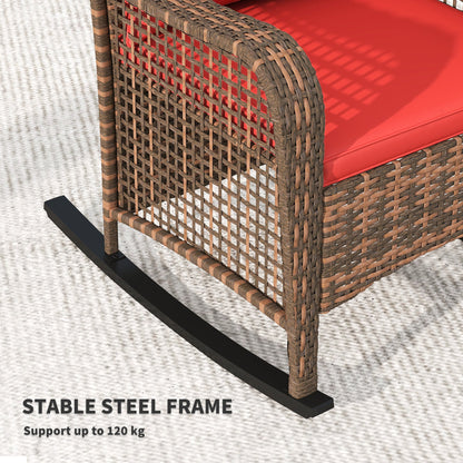 Outsunny Garden Rocking Chair, Outdoor Rattan Rocker Lounge Chair with Seat and Back Cushions, Patio Armchair Seat with All-weather Wicker, Steel Frame for Porch Balcony, Red 