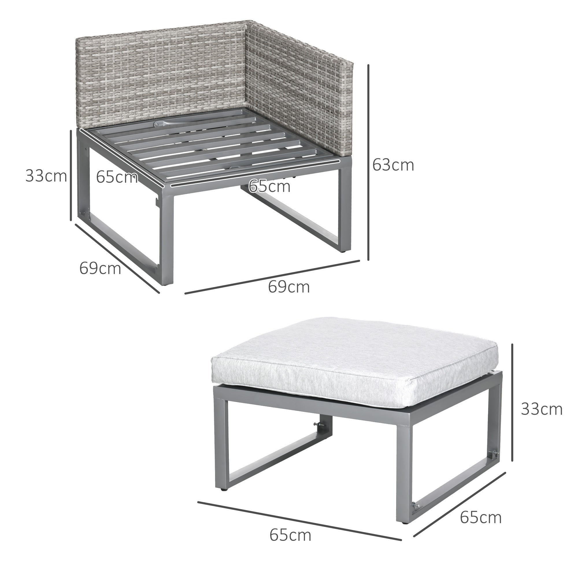 Outsunny 3-in-1 Rattan Bistro Set, Wicker Garden Furniture Set with 2-level Rising Table, Adjustable 3-seater Sofa Lounger with Washable Cushions for Outdoor, Patio, Balcony, Grey 