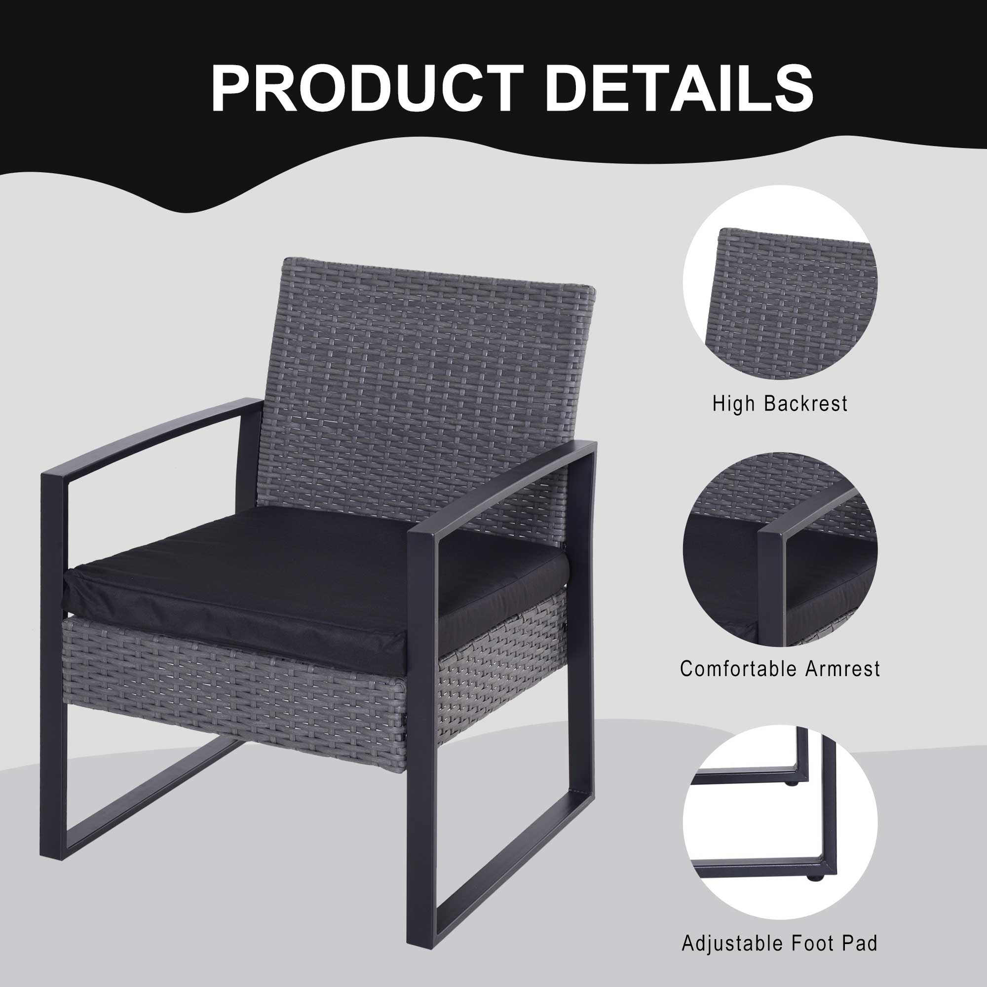 Outsunny 2 Seater Rattan Patio Set W/ Cushions-Grey/Black 