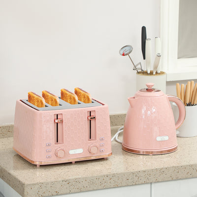 HOMCOM Kettle and Toaster Set, 1.7L 3000W Fast Boil Jug Kettle, 4 Slice Toaster with 7 Level Browning Controls, Light Pink 