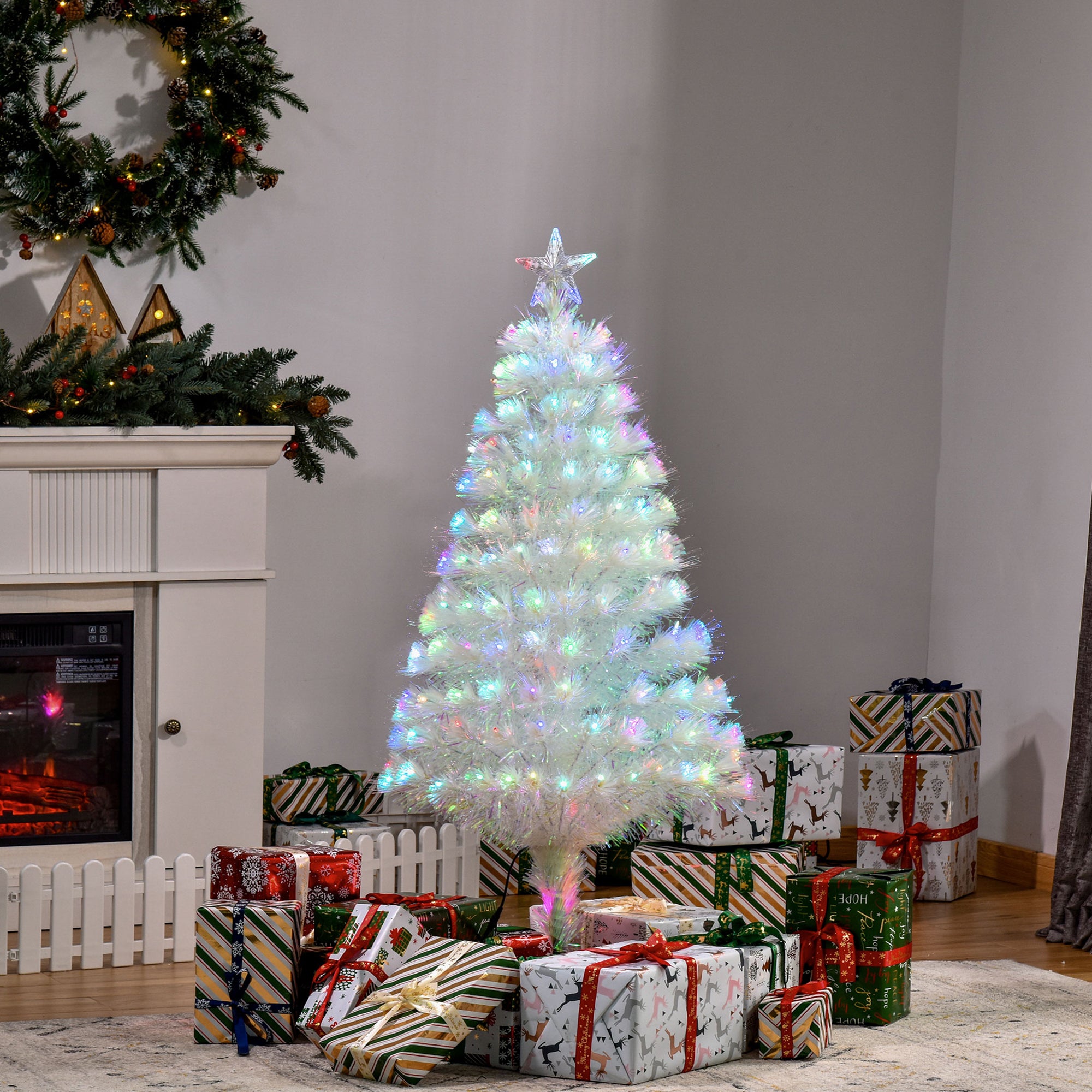 HOMCOM 4 Feet Prelit Artificial Christmas Tree with Fiber Optic LED Light, Holiday Home Xmas Decoration, White 