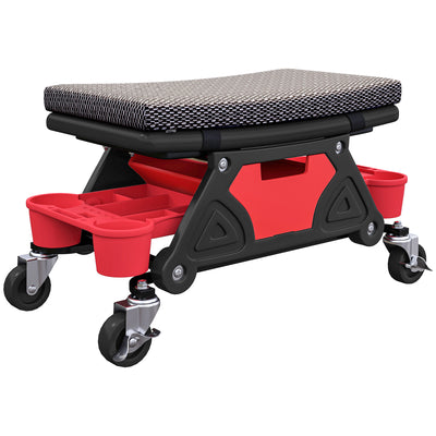 HOMCOM Rolling Mechanic Stool, 135kg Capacity Workshop Stool, 360° Swivel Roller Padded Creeper Seat with Wheels, Slide Out Tool Trays and Drawer for Garage, Shop, Auto Repair, Black 