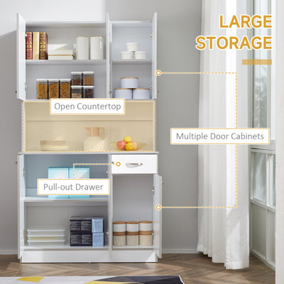 HOMCOM Kitchen Cupboard, Freestanding Kitchen Storage Cabinet with 6 Doors, Drawer, Adjustable Shelves and Open Countertop for Dining Room, White 
