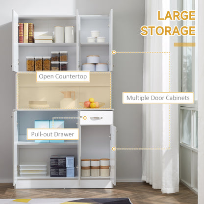 HOMCOM Kitchen Cupboard, Freestanding Kitchen Storage Cabinet with 6 Doors, Drawer, Adjustable Shelves and Open Countertop for Dining Room, White