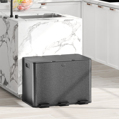 HOMCOM 3 x 20L Pedal Bin, Steel Triple Kitchen Bin with Soft Close Lid, Removable Inner Buckets, Fingerprint-Proof, Black 