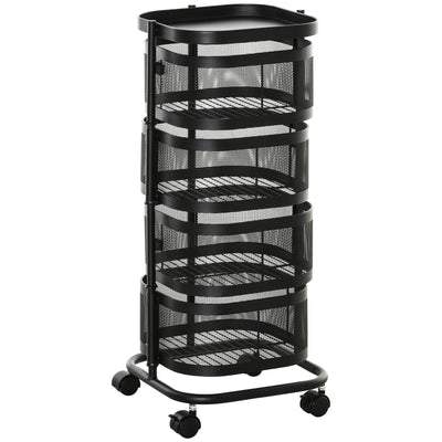 HOMCOM Metal Storage Cart, 4-Tier Storage Trolley on Wheels with 4 Mesh Baskets and Top Tray, Black
