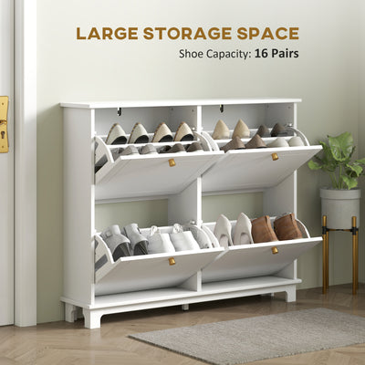 HOMCOM Narrow Shoe Storage Cabinet, Slim Shoe Cabinet with 4 Flip Drawers, Adjustable Shelves for 16 Pairs of Shoes, White 