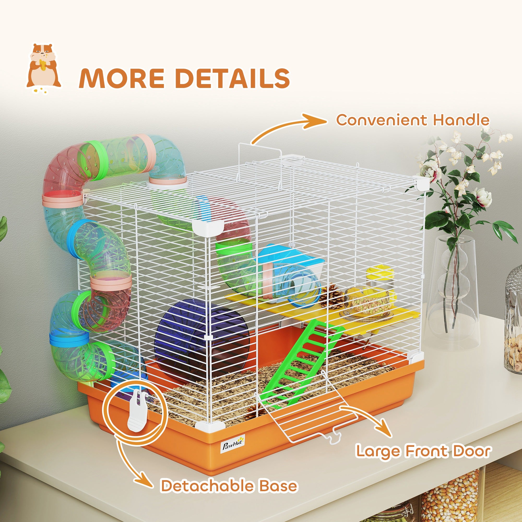 PawHut 2 Tier Hamster Cage, Gerbil Cage with Handle, Exercise Wheels, Tunnel, Water Bottle, Dishes, Ladder, for Dwarf 