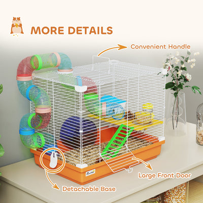 PawHut 2 Tier Hamster Cage, Gerbil Cage with Handle, Exercise Wheels, Tunnel, Water Bottle, Dishes, Ladder, for Dwarf 