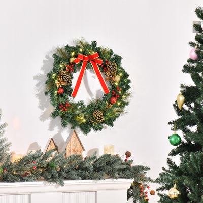 HOMCOM 60cm Pre-Lit Artificial Christmas Door Wreath Holly LED Decor Pine Cones Hanging Glittered Festival Indoor Outdoor Decoration 