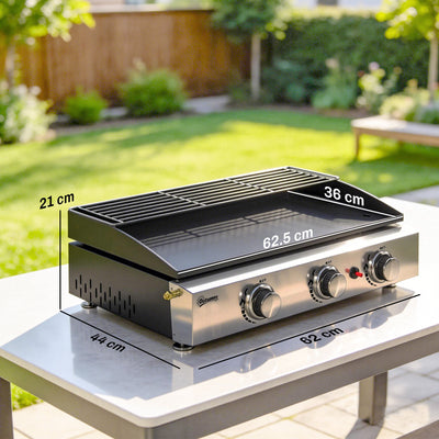 Outsunny 3 Burner Grill Griddle, Portable Gas Plancha with Warming Rack, 7.5 kW, Tabletop Gas BBQ with Grease Cup, Black 