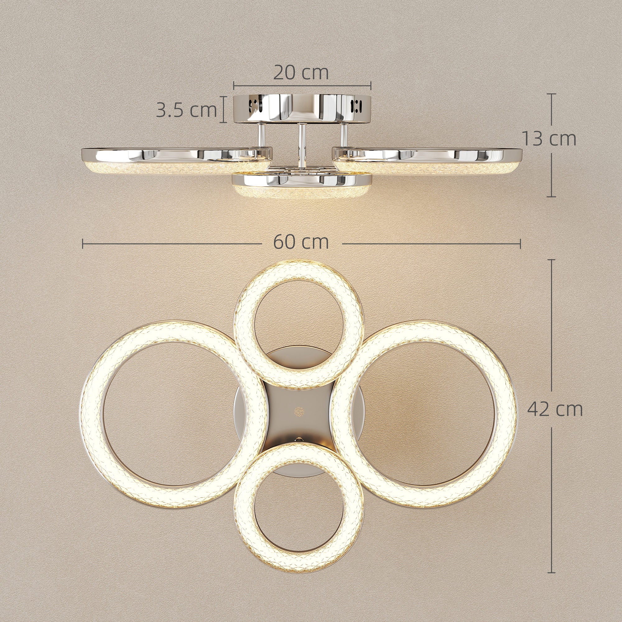 HOMCOM LED Ceiling Light, Modern Dimmable 4 Rings Ceiling Lamp with Wall Switch, 40W 4350lm Flush Mount Ceiling Light with 3500K/4500K/6000K Colour Temperatures for Living Room, Bedroom, Silver Tone 
