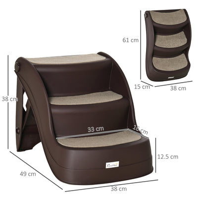 PawHut Foldable Pet Stairs Portable Dog Steps 3-Step Design with Non-slip Mats for High Beds, Sofas, 49 x 38 x 38 cm, Brown 