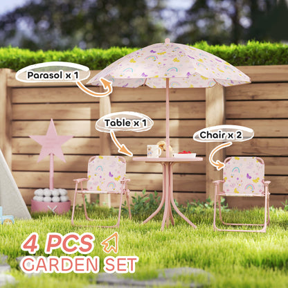 AIYAPLAY 4 Pieces Kids Garden Table and Chair Set with Adjustable Parasol, Folding Chairs, Table, Rainbow Pattern, Pink 