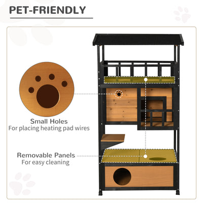 PawHut Wooden Outdoor Cat House 3-Tier for Winter Kitten Shelter Lodge w/ Tilted Roof Terrace Jump Step Bottom Tray Elevated Base Waterproof Paint Yellow 