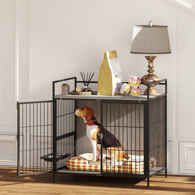 PawHut Dog Crate Furniture with Rotating Bowl Holder, 2 Bowls, 2 Doors, for Medium Dogs, 80 x 56 x 76.5 cm, Grey 