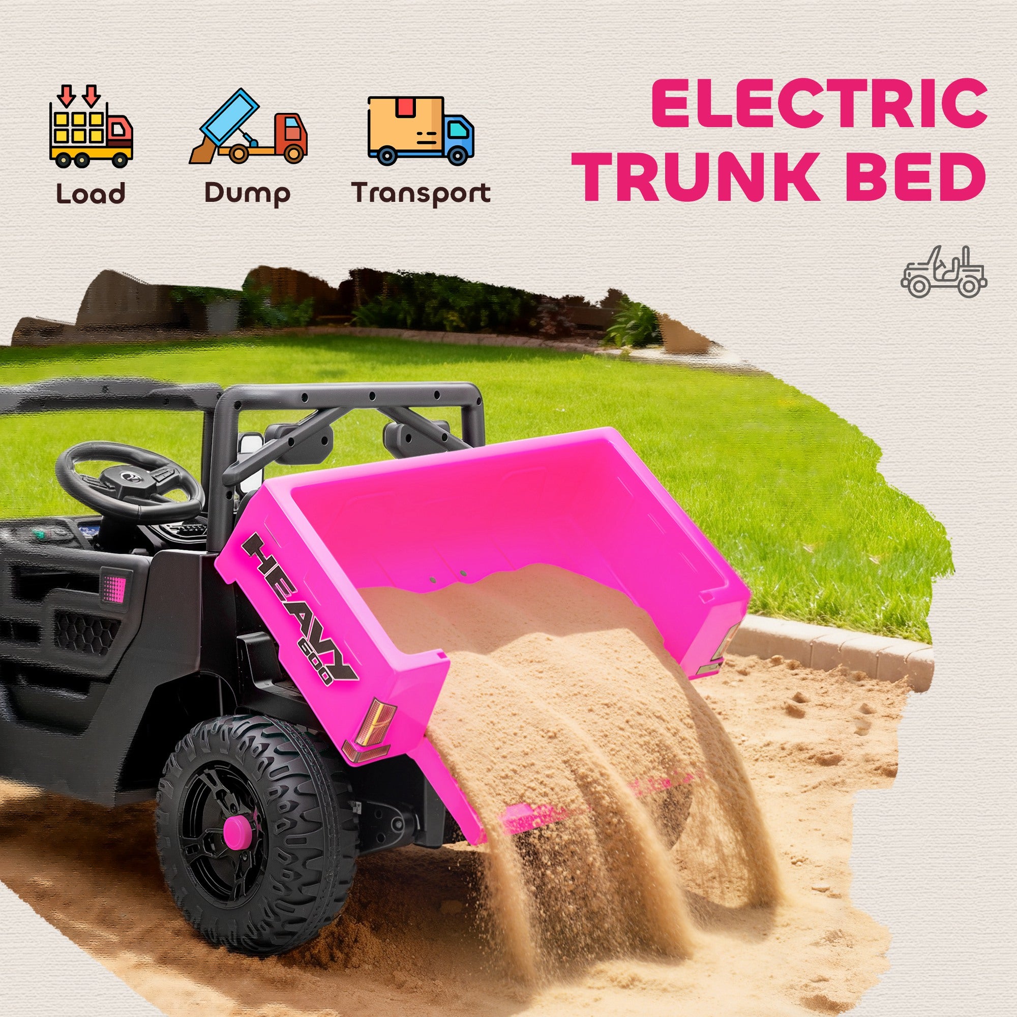AIYAPLAY Kids Ride on Car, 12V Electric Kids UTV with Electric Dump Bed, 4-Wheel Suspension for 3-8 Years, Pink 