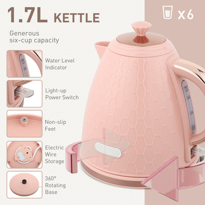 HOMCOM Kettle and Toaster Set, 1.7L 3000W Fast Boil Jug Kettle, 4 Slice Toaster with 7 Level Browning Controls, Light Pink 