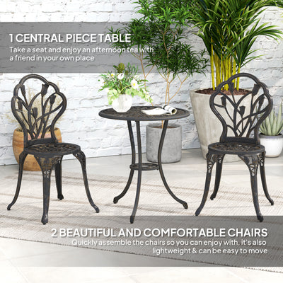 Outsunny 3 Piece Patio Bistro Set for 2, Outdoor Aluminium Garden Table and Chairs with Umbrella Hole for Balcony, Bronze Tone 
