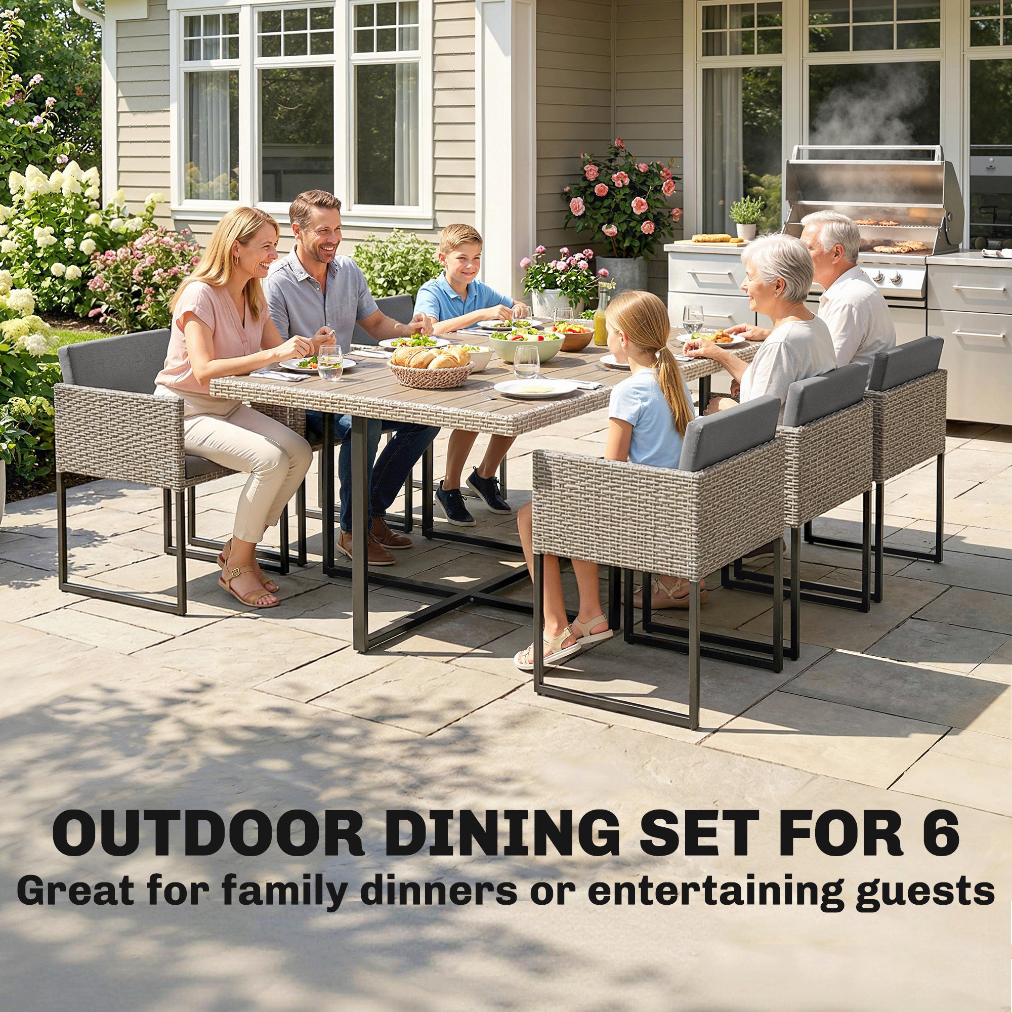 Outsunny 7 Piece Rattan Garden Furniture Set, Garden Dining Set with Wood-Plastic Table and 6 Stackable Chairs, Light Grey 