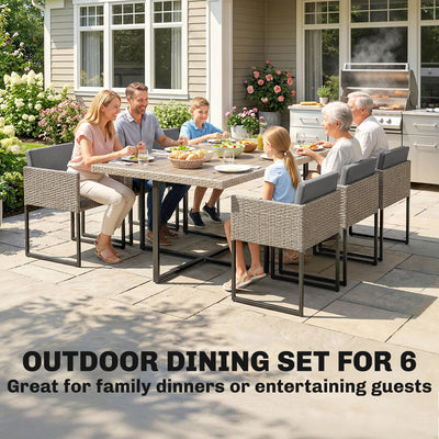 Outsunny 7 Piece Rattan Garden Furniture Set, Garden Dining Set with Wood-Plastic Table and 6 Stackable Chairs, Light Grey 