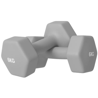 SPORTNOW 2 x 6kg Hexagonal Dumbbells Weights Set with Non-Slip Grip for Home Gym Workout, Grey 