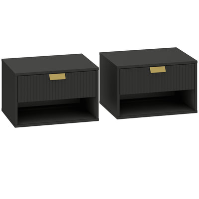 HOMCOM Set of 2 Wall Mounted Nightstands, Floating Bedside Tables with Fluted Drawer and Open Shelf for Small Bedroom, Black 