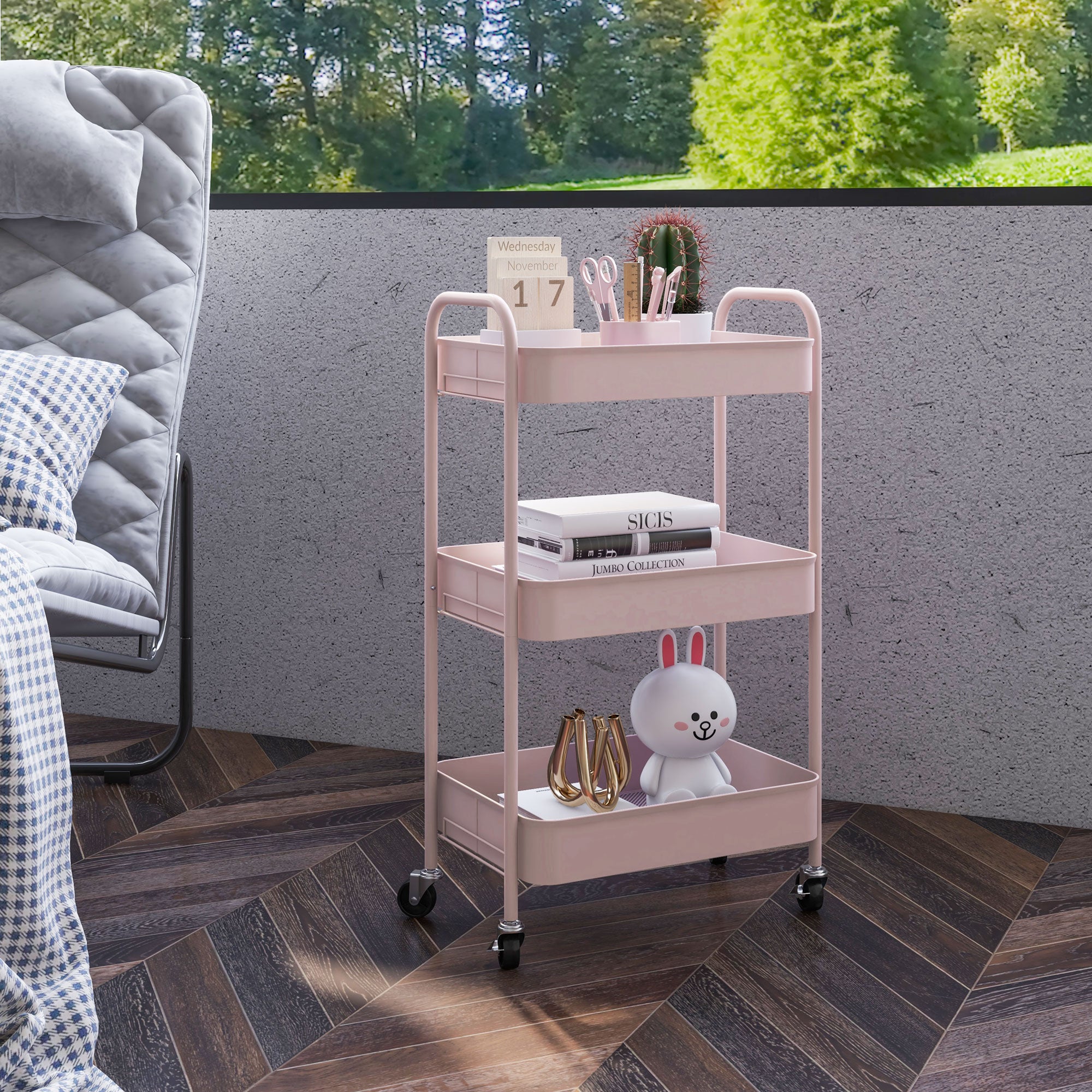 HOMCOM Three-Tier Steel Storage Trolley - Pink 