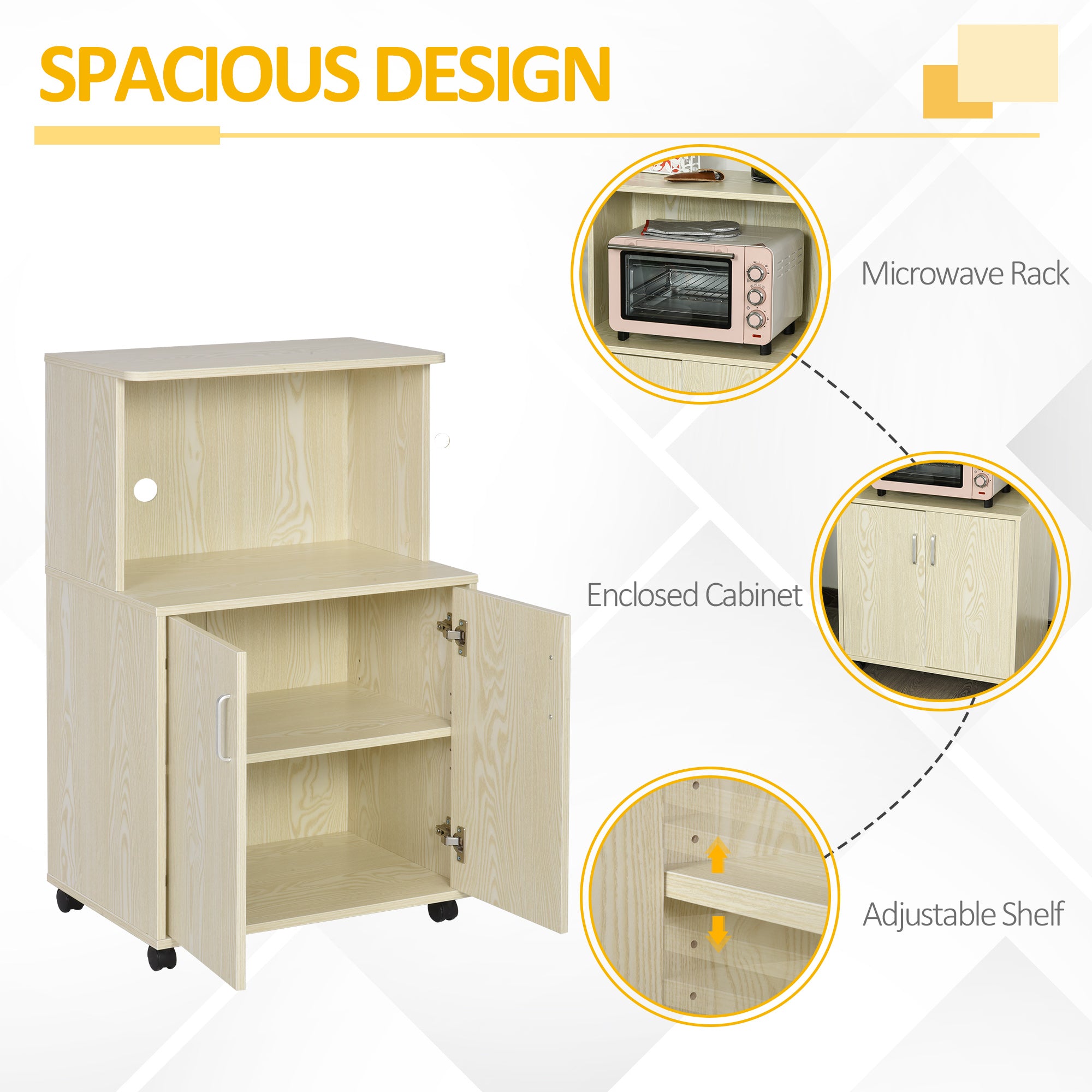 HOMCOM Kitchen Storage Unit, Modern Microwave Stand Trolley Cart, Sideboard with Cabinet,  Locking Wheels, Shelf for Living Room, Dining Room, Oak Tone 