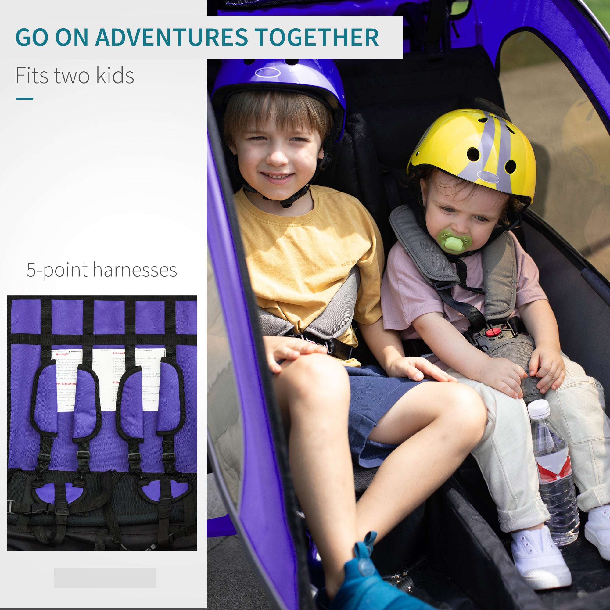 HOMCOM Baby Bike Trailer, Child Bicycle Trailer with 5 Point Harness, Steel Frame, Reflectors, Safety Flag, Hitch Coupler, Purple 