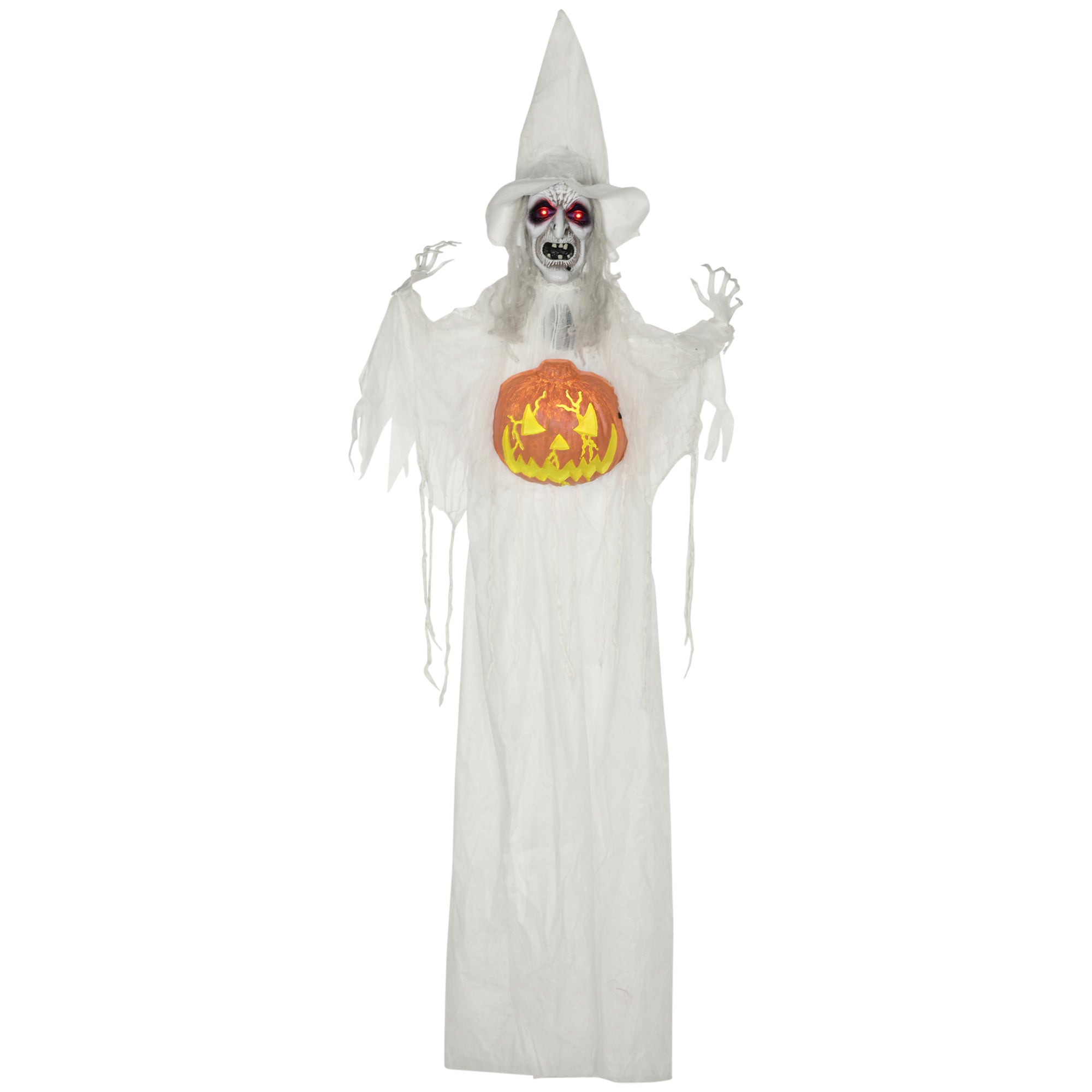 HOMCOM 6ft Outdoor Halloween Decoration Witch with Pumpkin, Standing Skeleton Witch Prop Life Size with Sound and Motion Activated, Light Up Eyes, Laughing Sound, Posable Arms, White 
