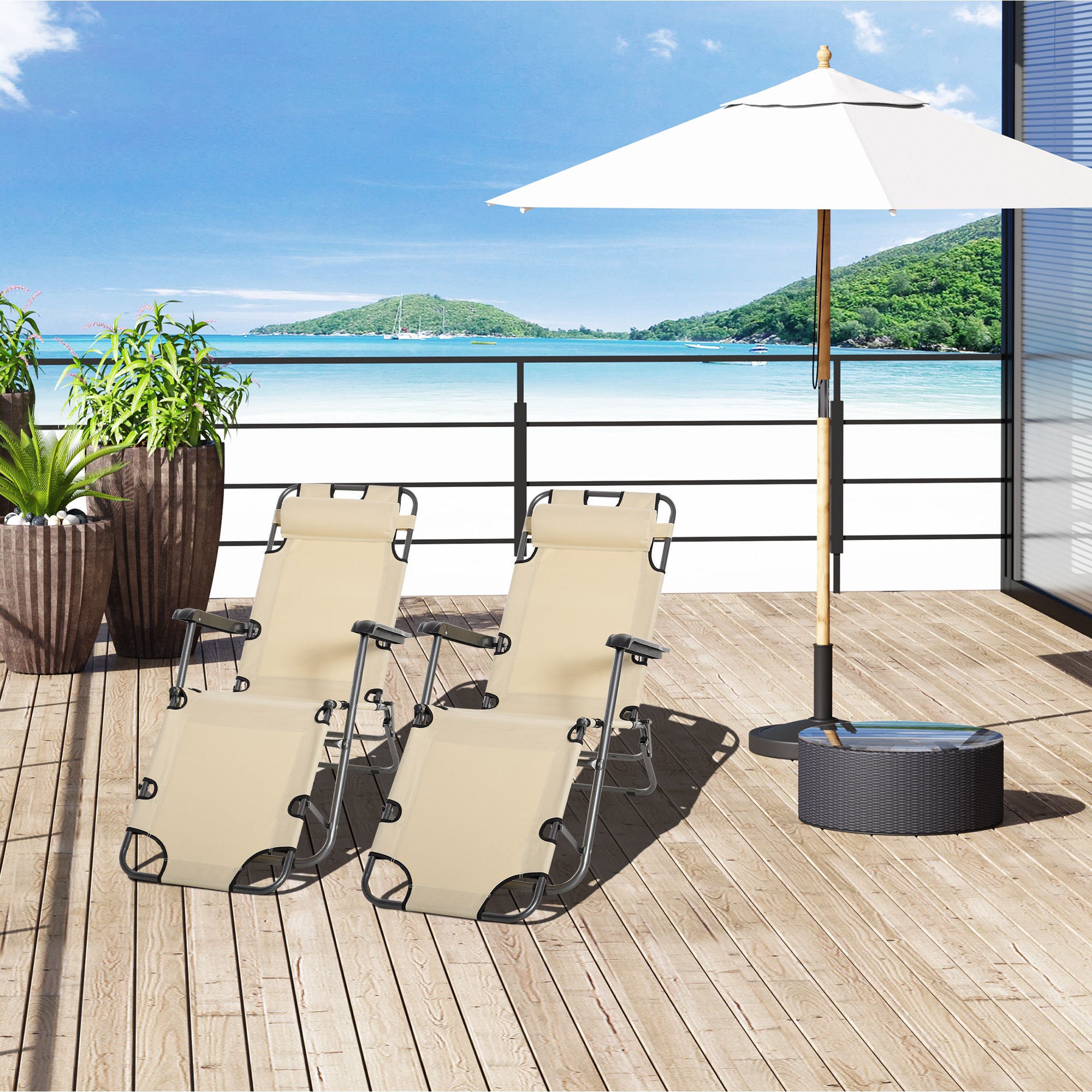 Outsunny 2 Pieces 2 in 1 Sun Lounger Folding Reclining Chair Garden Outdoor Camping Adjustable Back with Pillow, Beige 