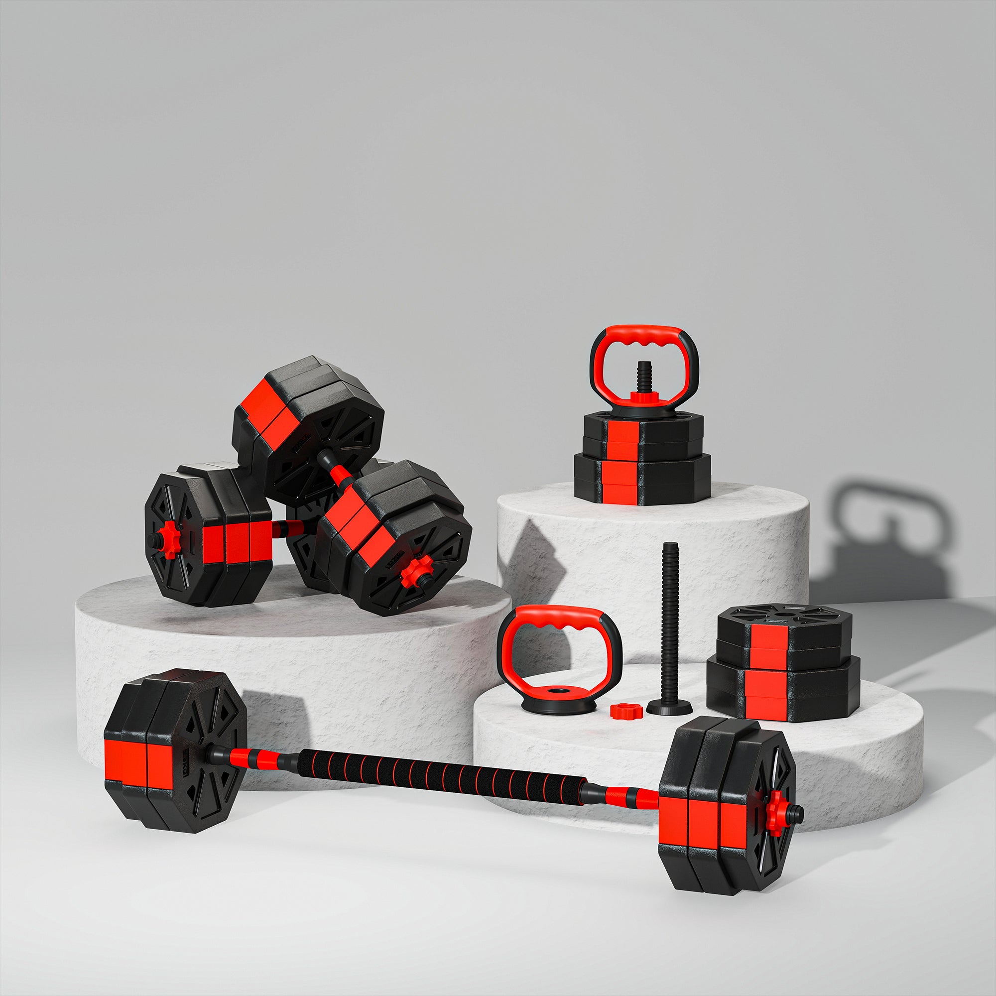 SPORTNOW 6-in-1 Adjustable Weight Dumbbells Set, Used as Kettlebell, Barbell, Dumbbell, Push-Up Stand, 30kg Free Weights Set for Men and Women Home Gym Training, Red 