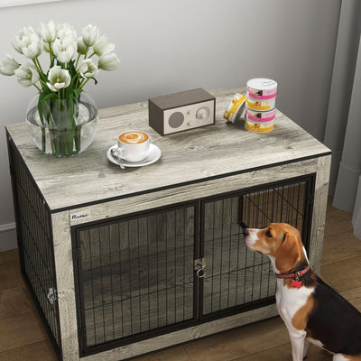 PawHut Dog Crate Furniture with Wheels, Double Doors, for Medium Dogs, 80 x 56 x 62.5cm, Grey 