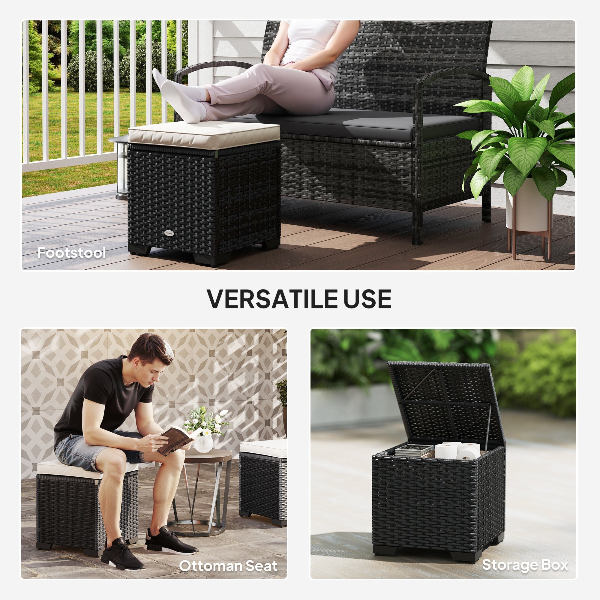 Outsunny Set of 2 Rattan Storage Ottoman, Outdoor Footstool with Removable Cushions, Garden Storage Seat for Balcony, Poolside, Living Room, Cream 