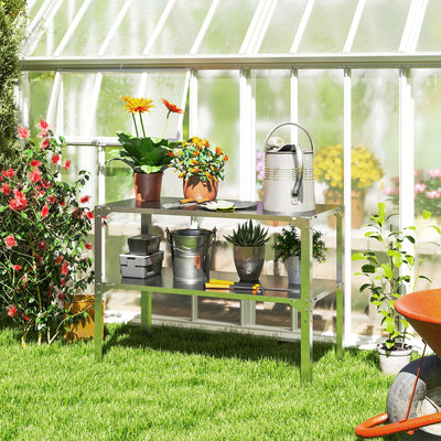 Outsunny 2 Tier Potting Bench Table, Galvanised Steel Garden Planting Work Bench Workstation with Storage Shelf for Outdoor, Patio, Greenhouse, 110 x 50 x 75 cm, Silver Tone 