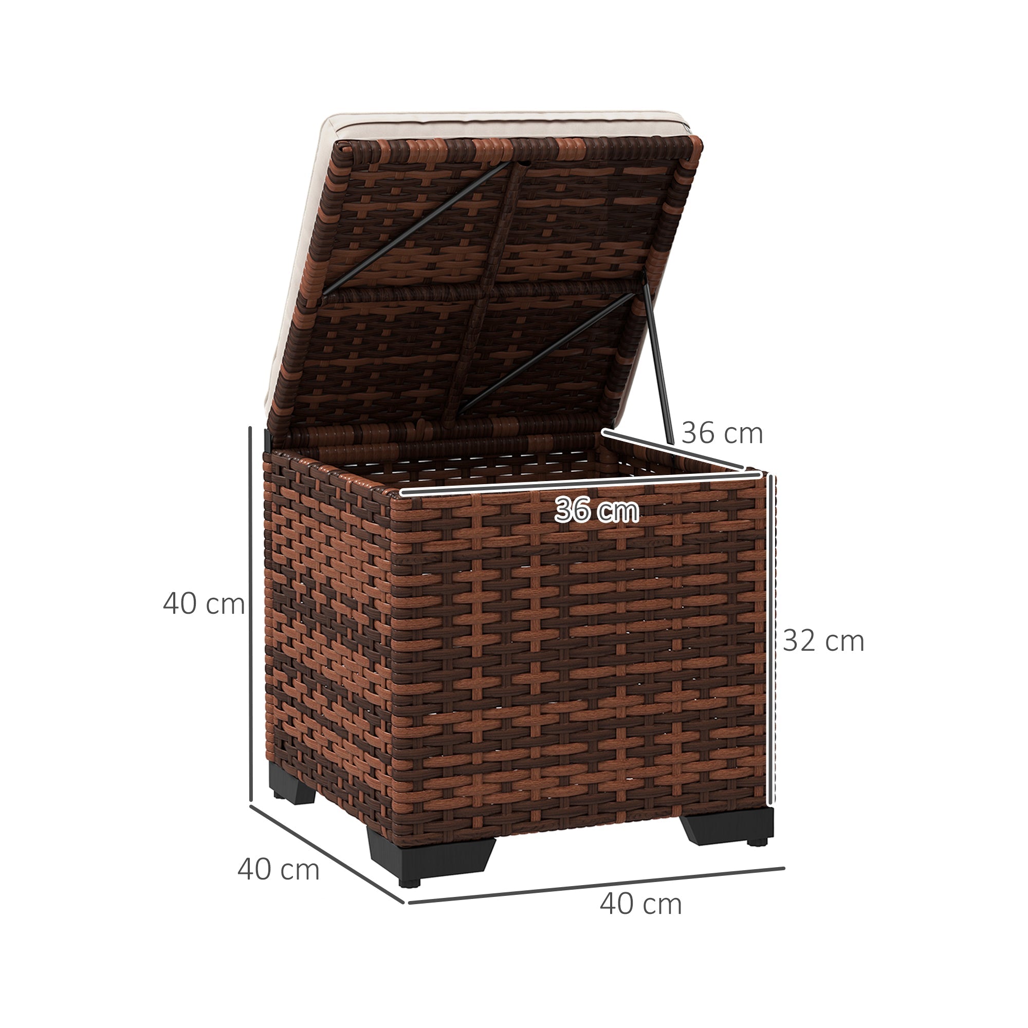 Outsunny Set of 2 Rattan Storage Ottoman, Outdoor Footstool with Removable Cushions, Garden Storage Seat for Balcony, Poolside, Living Room, Beige 