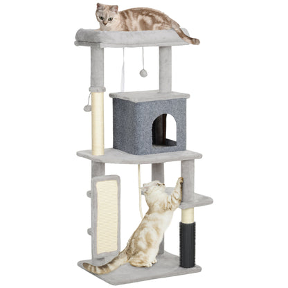 PawHut 132cm Cat Tree w/ Scratching Posts, Pad, Cat Bed, Cat House, Jumping Platform, Grooming Brush, Anti-Tip Kit, Light Grey 